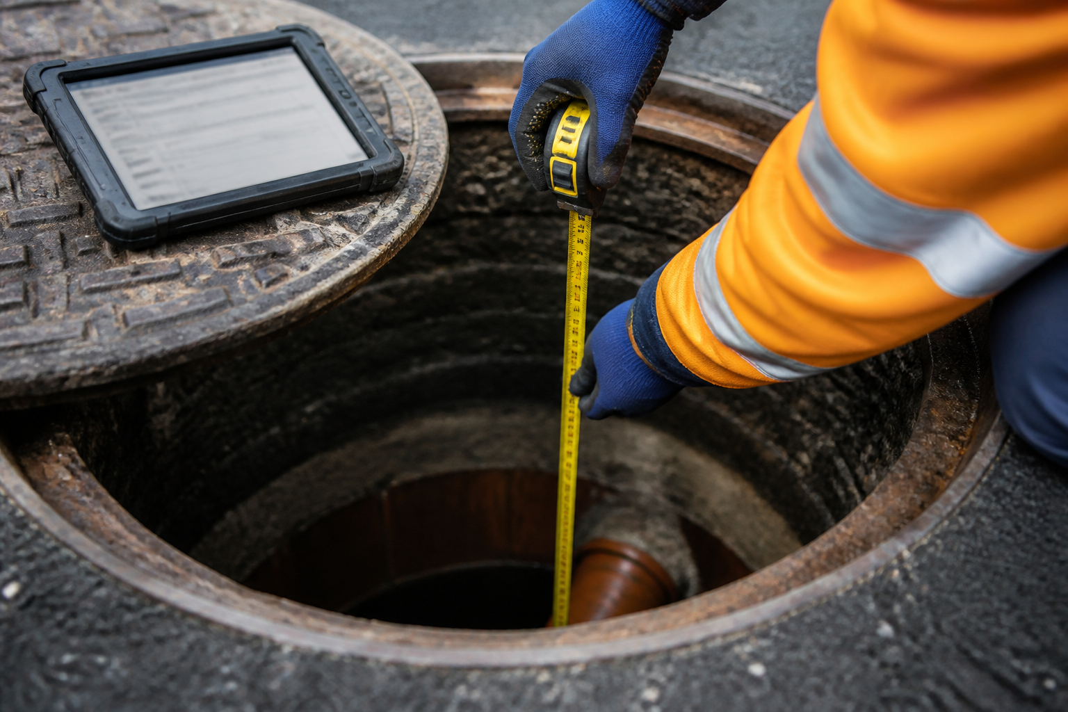 Surveyor measuring manhole cover level and depth to invert with tablet showing structured level fields