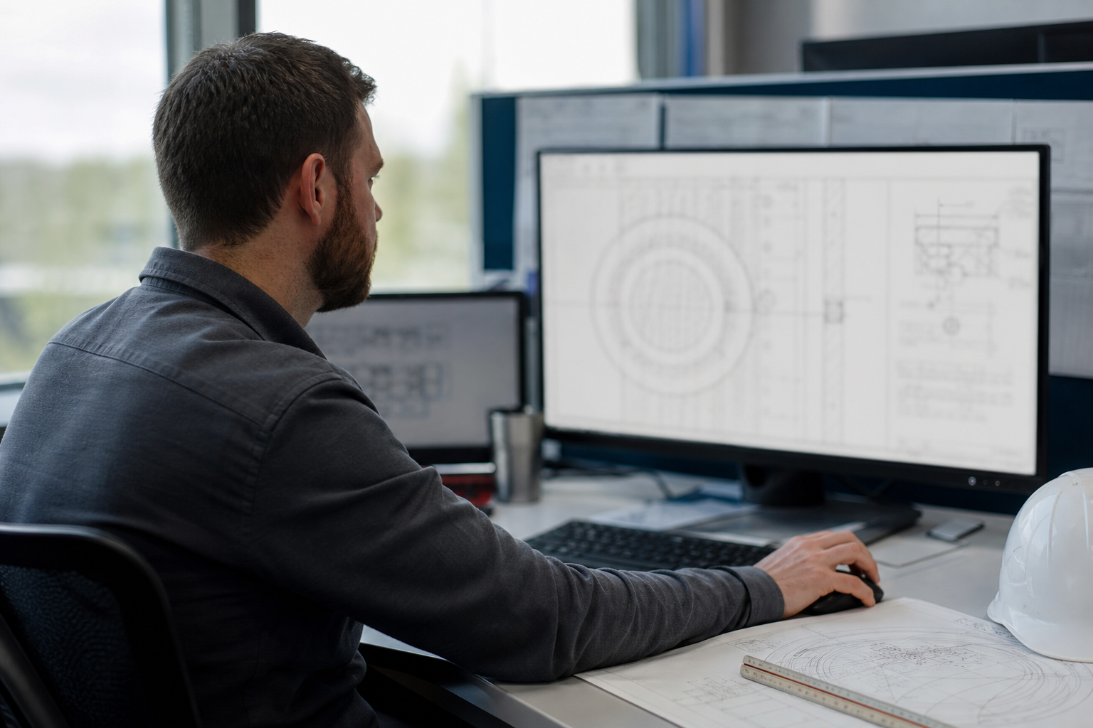 CAD technician reviewing manhole DXF export deliverables in a UK survey office