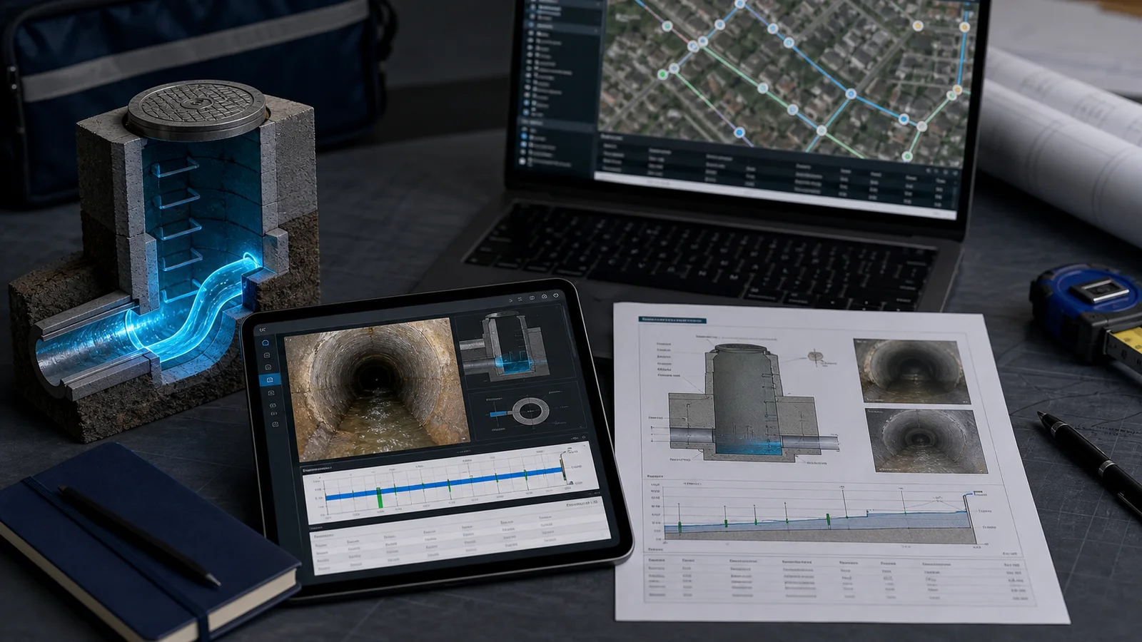 Manhole inspection report, 3D cutaway and GIS handover