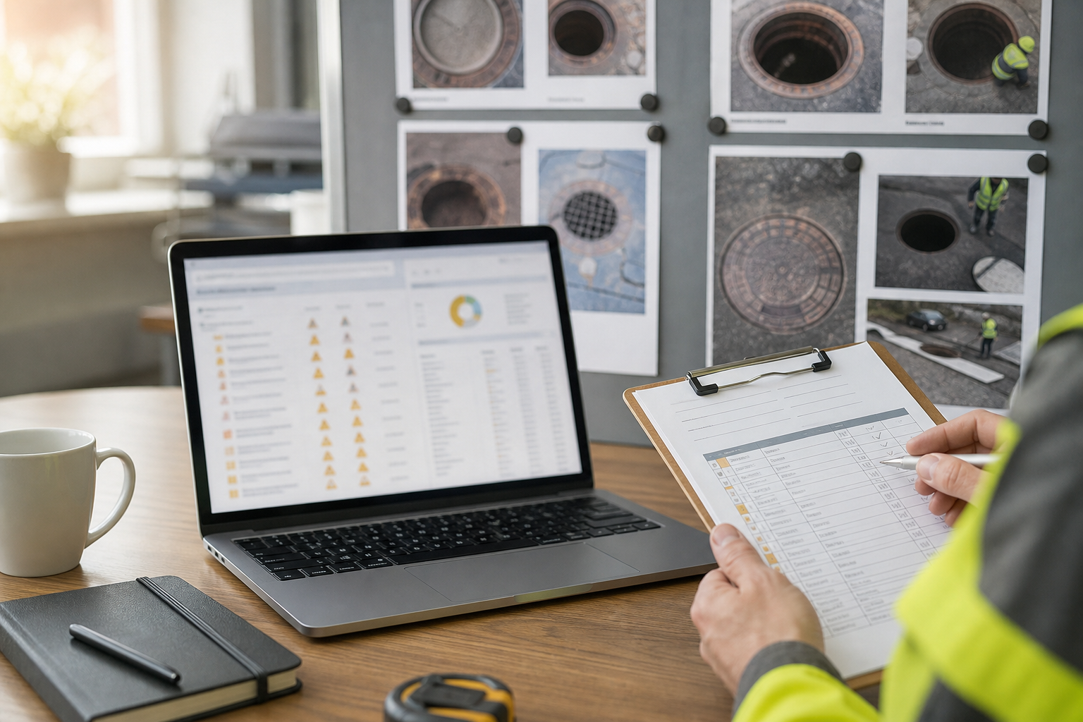 Office QA review of manhole inspection records before client publish