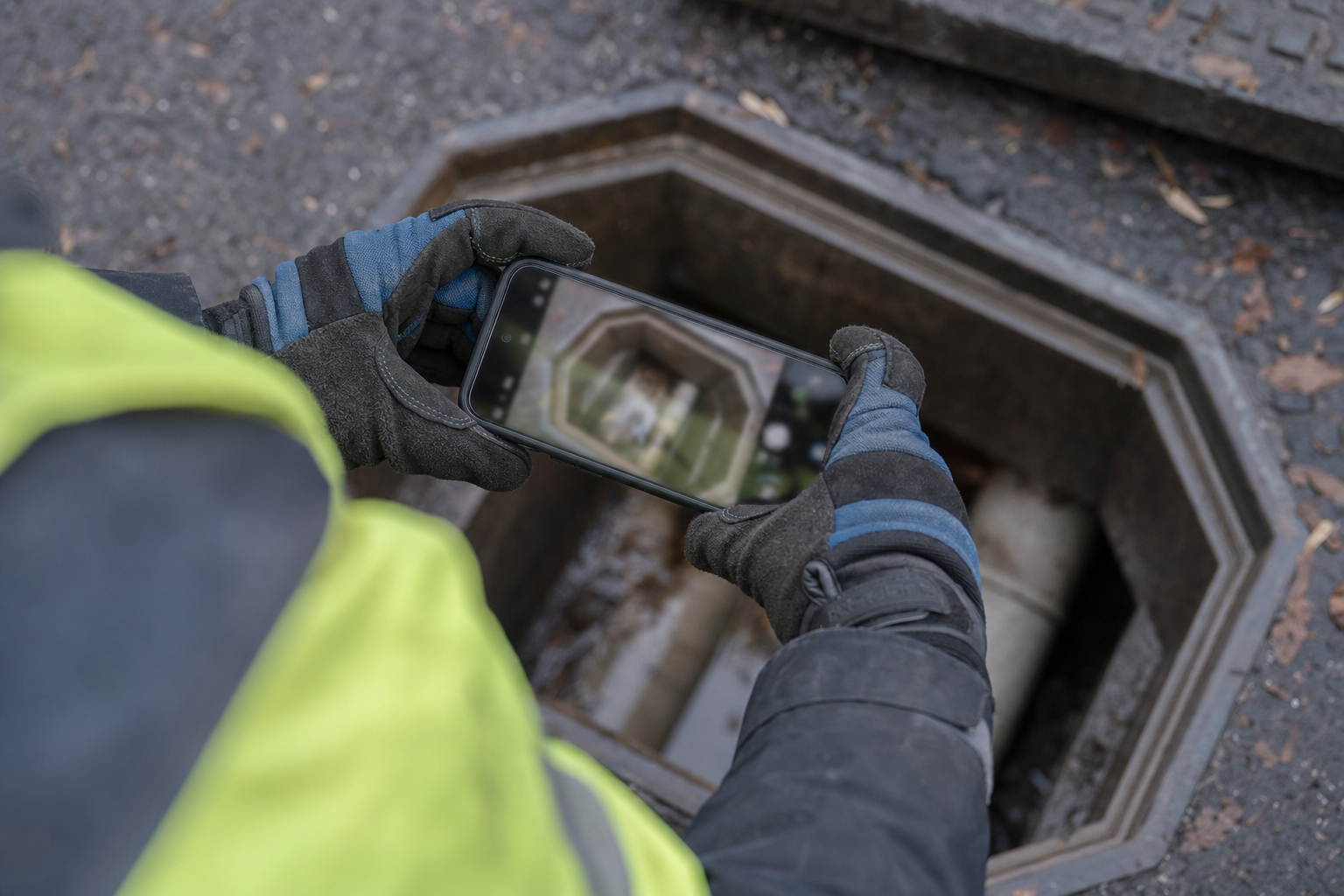 Geo-tagged photo capture at an inspection chamber with GPS metadata