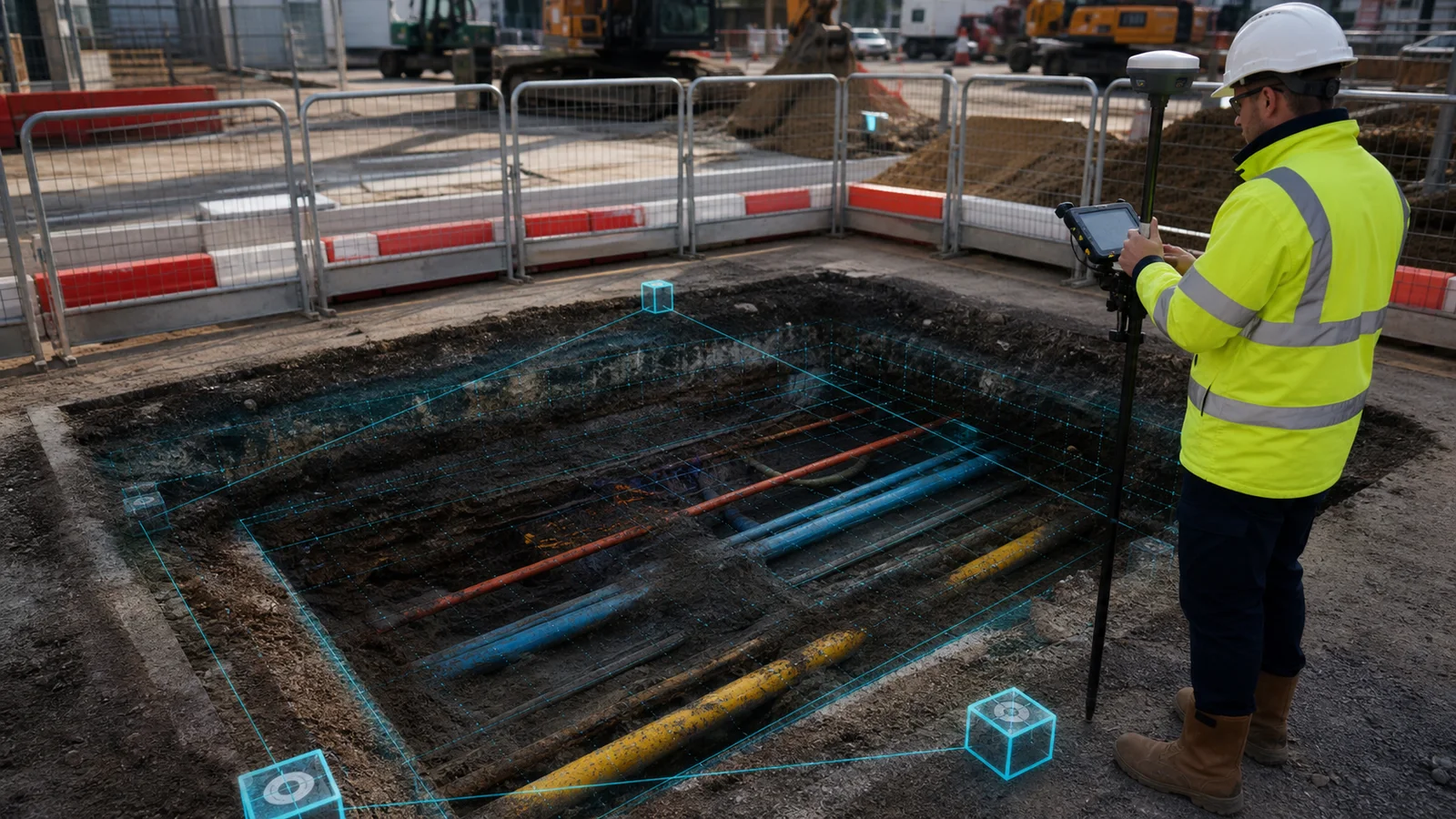 Surveyor recording an exposed utility trial pit
